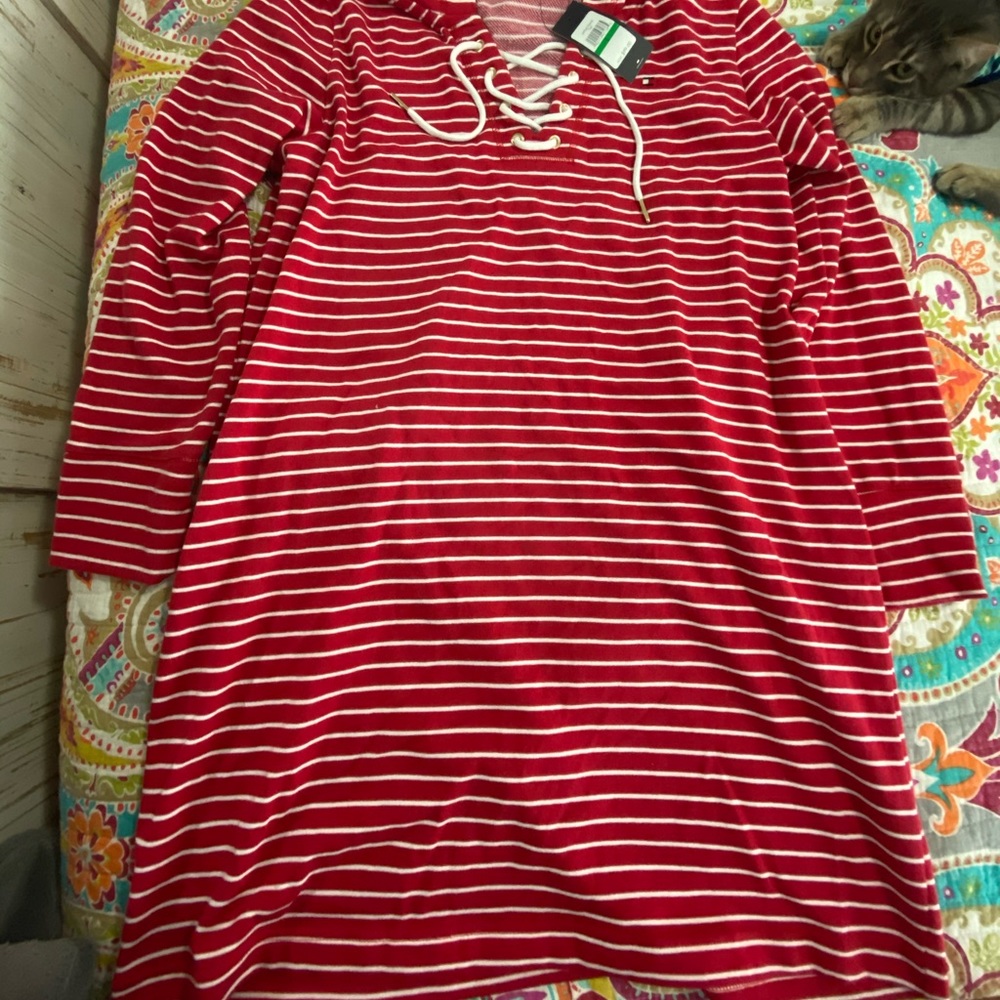 Red with white stripes long dress jacket